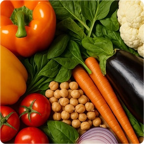 Fresh vegetables and chickpeas including tomatoes, carrots, eggplant, cauliflower, peppers, spinach, garlic, and onion.